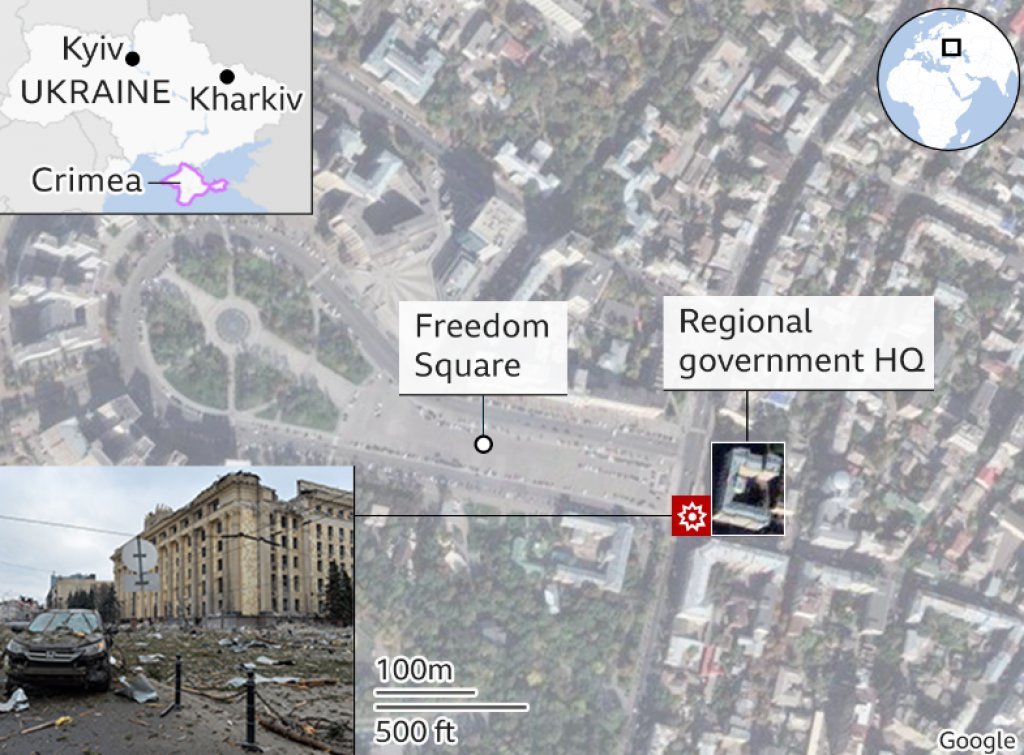 Google map shows Rush rockets have hit An opera house, concert hall, and government offices in Freedom Square